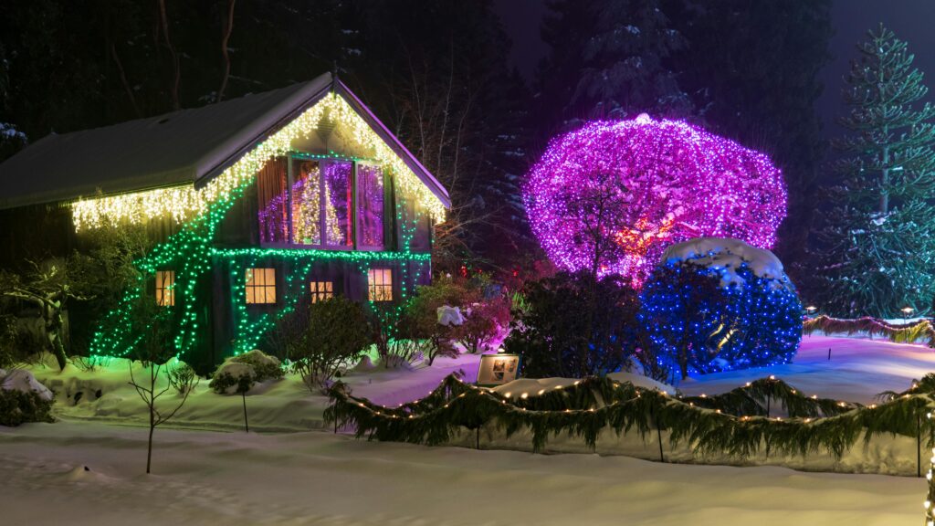 Home exterior with xmas lights on house and trees