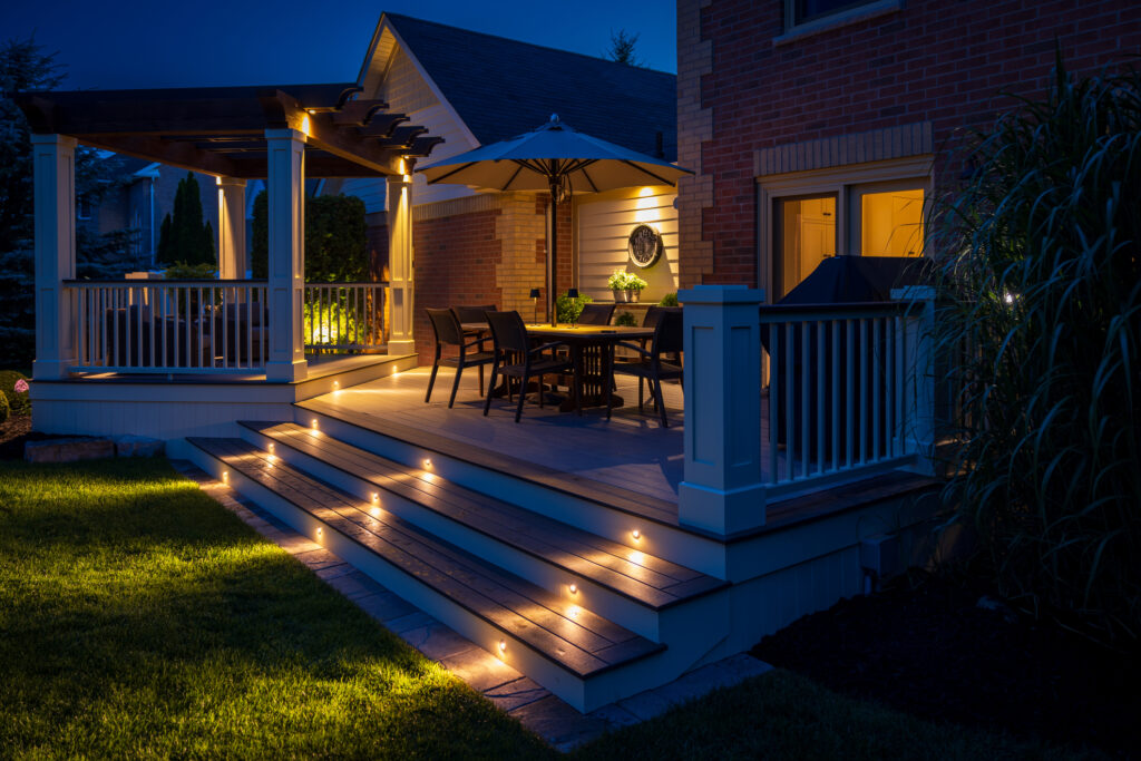 Residential deck at night.